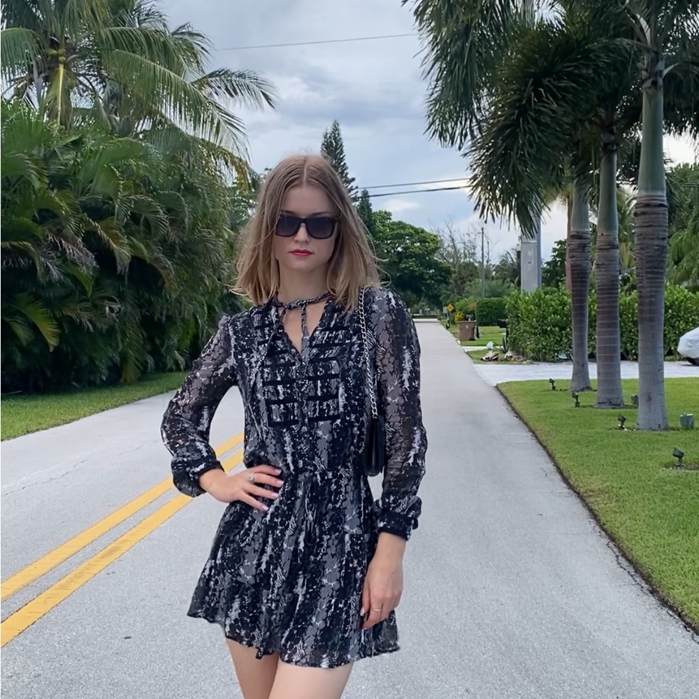 PAIGE Chiffon Dark Floral Mini Dress Size S Black Gray Long-Sleeve Wednesday